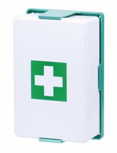 First aid kit in plastic box with holder with refills for up to 5 people