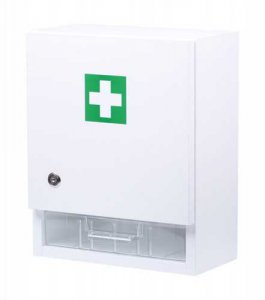 Wall-mounted first aid kit with refills for 20 people